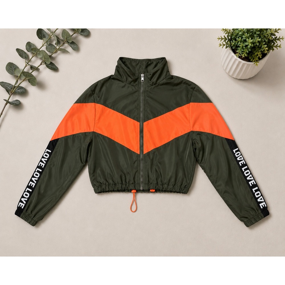 Love Love Love Womens Cropped Windbreaker Jacket Olive‎ Green Orange Chevron M